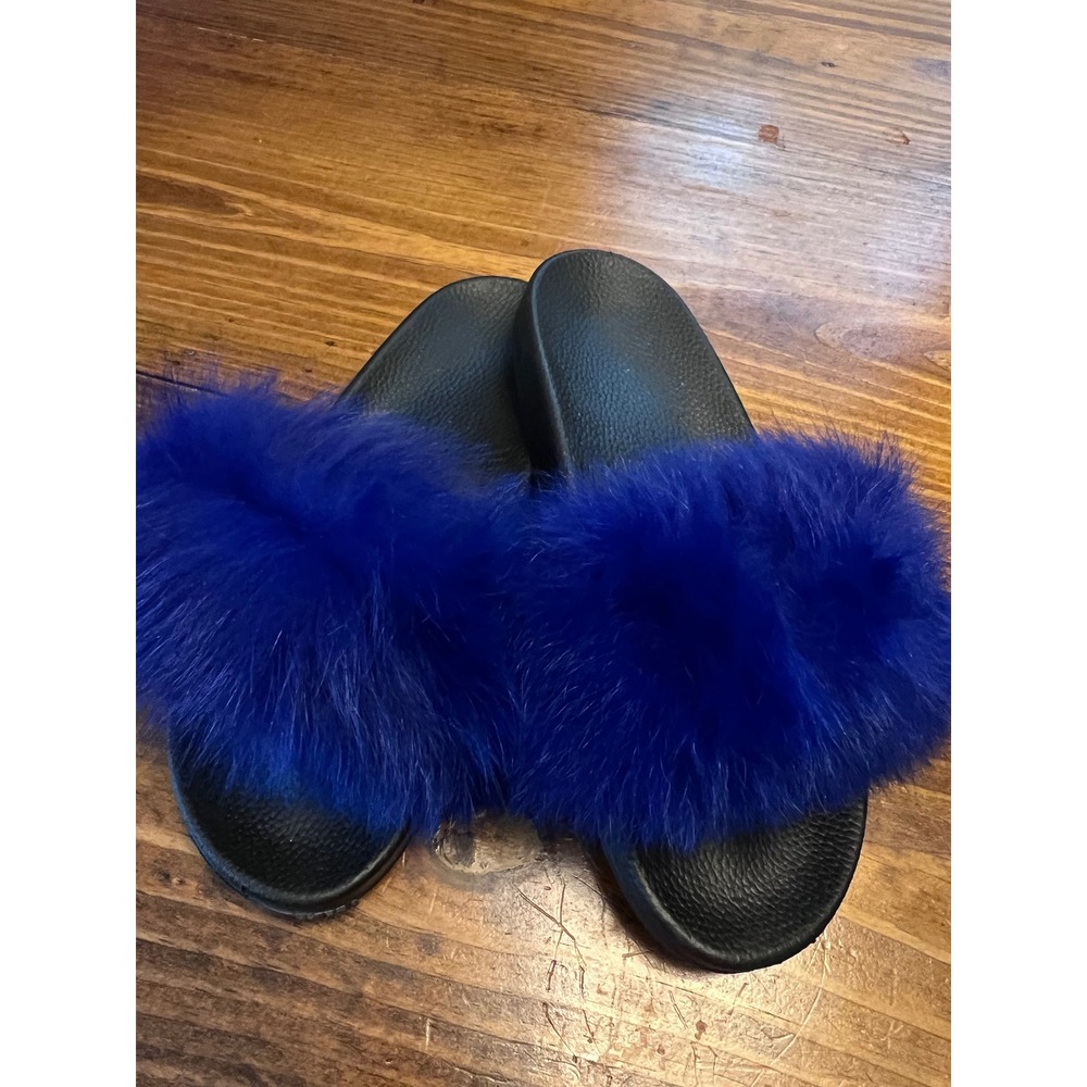 Faux Fur Slide Sandals Women Size 10 Royal Blue Fluffy Slip On NWOT